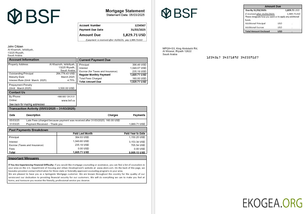 Relevé hypothécaire de la Banque Saudi Fransi en Arabie Saoudite aux formats Word et PDF